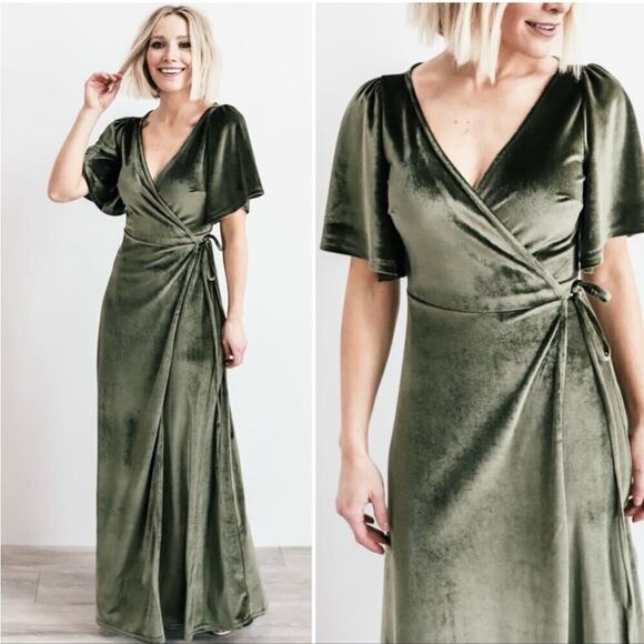 Baltic Born | Liza Olive Sage Green Velvet Short Sleeve Maxi Wrap Dress M - Picture 12 of 12
